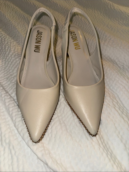 Jason Wu Shoes - Jason Wu Ivory Pointed-Toe Slingback Flats with Gold Trim